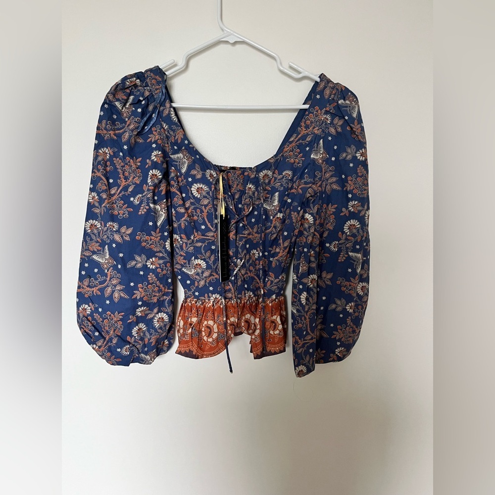House of Harlow 1960 Nastassia blue and orange floral billowy puff sleeve - Picture 3 of 16